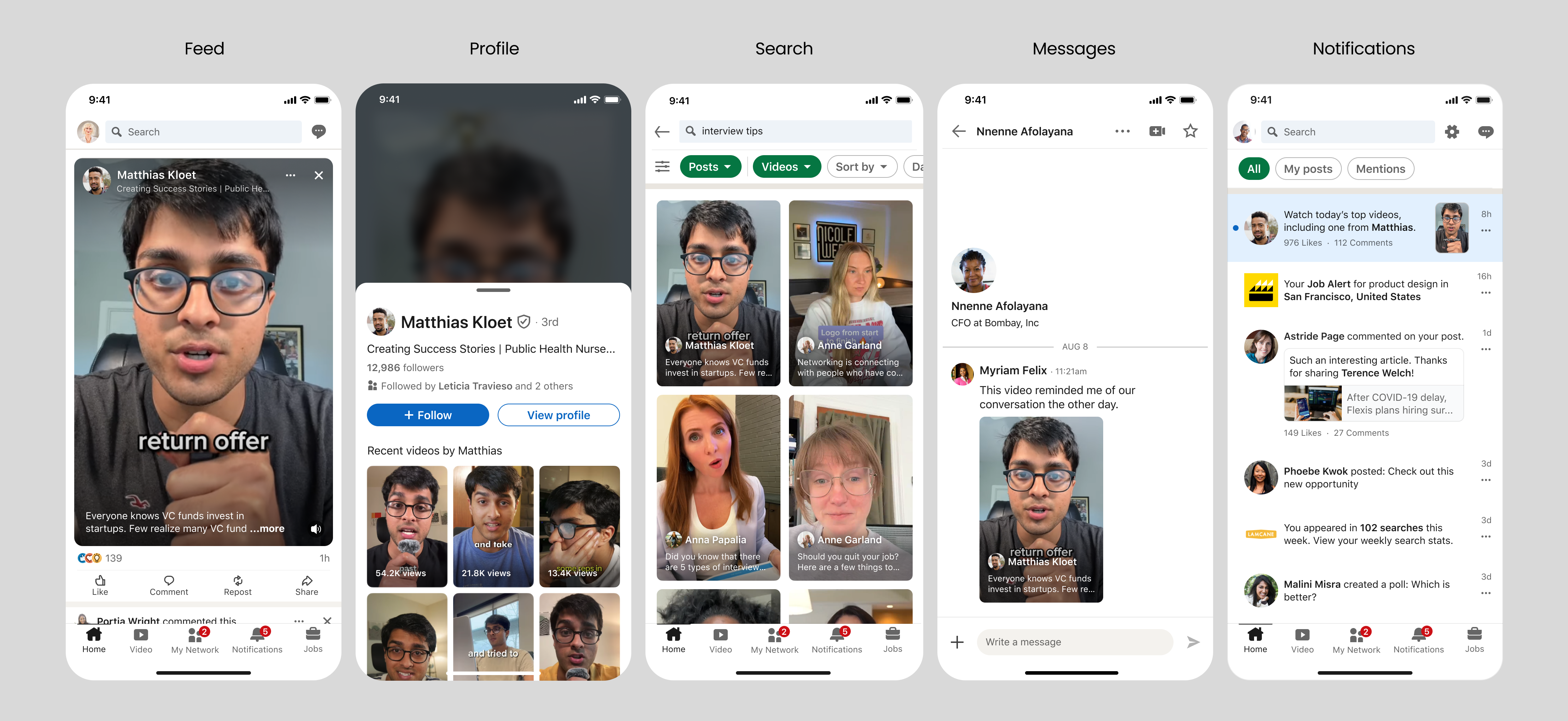 LinkedIn Video ecosystem — surfaces across feed, profile, search, notifications, and messaging