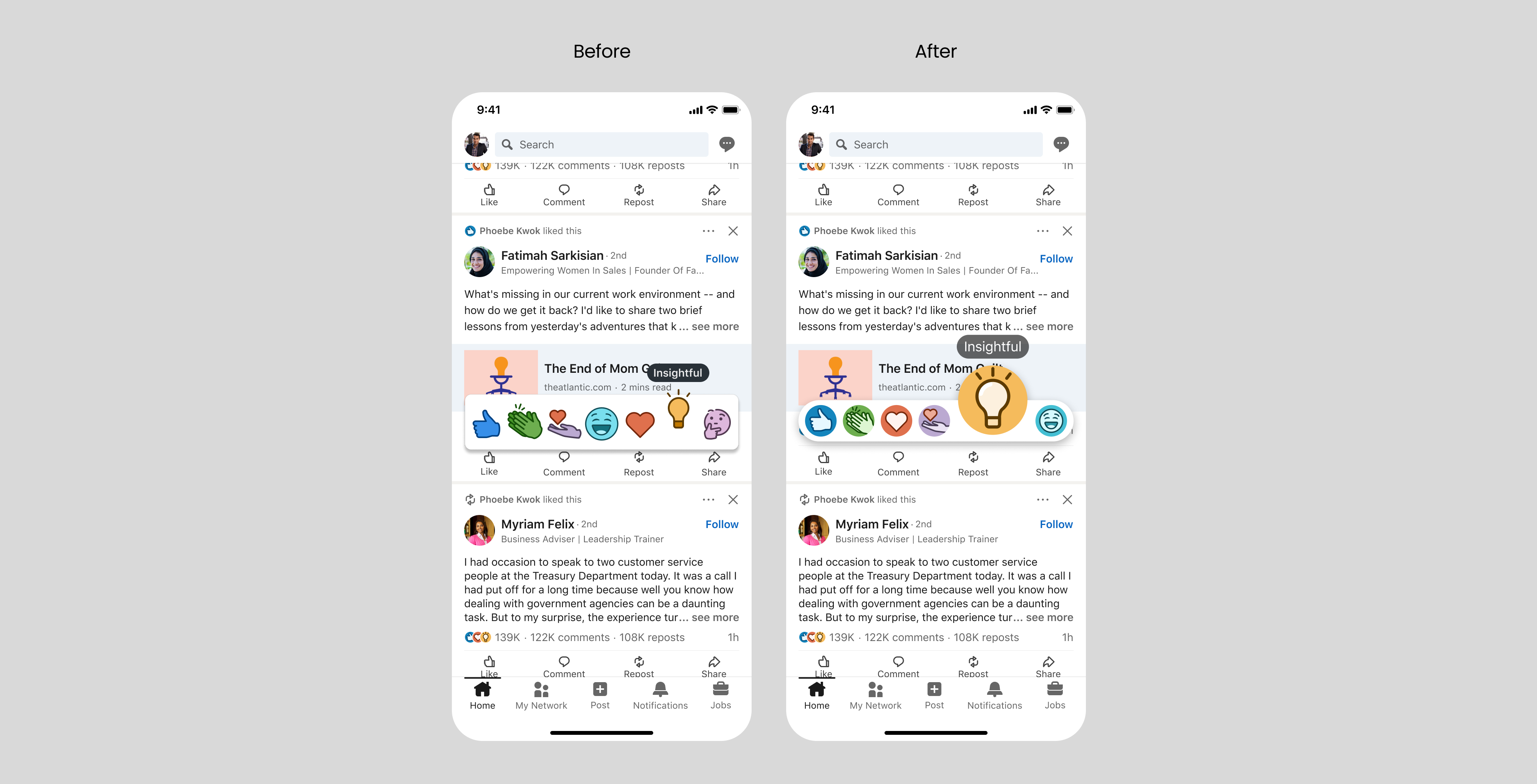 LinkedIn Reactions before and after comparison